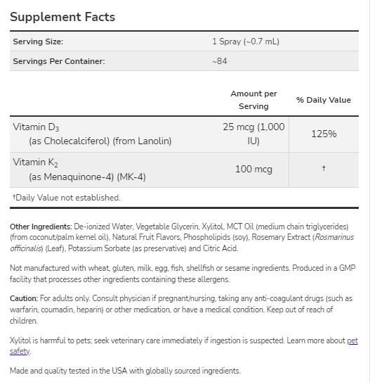 Βιταμίνη D-3 1000 IU & K-2 100 MCG | Λιποσωμικό σπρέι - 59 ml