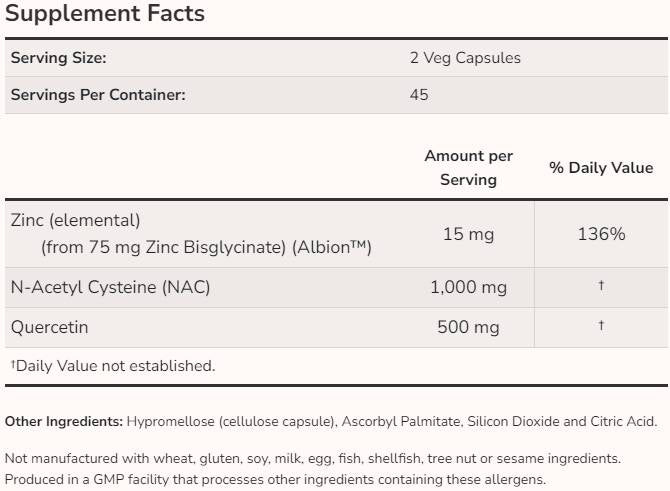 NAC | Με Quercetin & ψευδάργυρο [90 κάψουλες, 45 μερίδες]