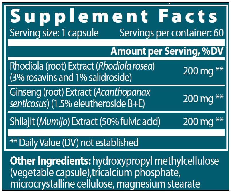 Ανατολικό Adaptogen | Rhodiola + ginseng + shilajit - 60 κάψουλες