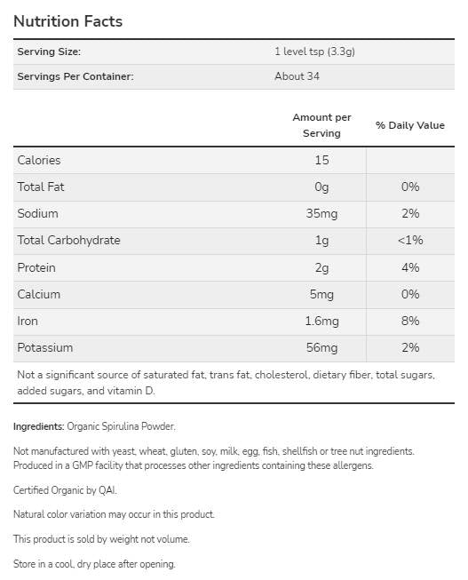 Σκόνη σπιρουλίνα | Certified Organic - 113 γραμμάρια