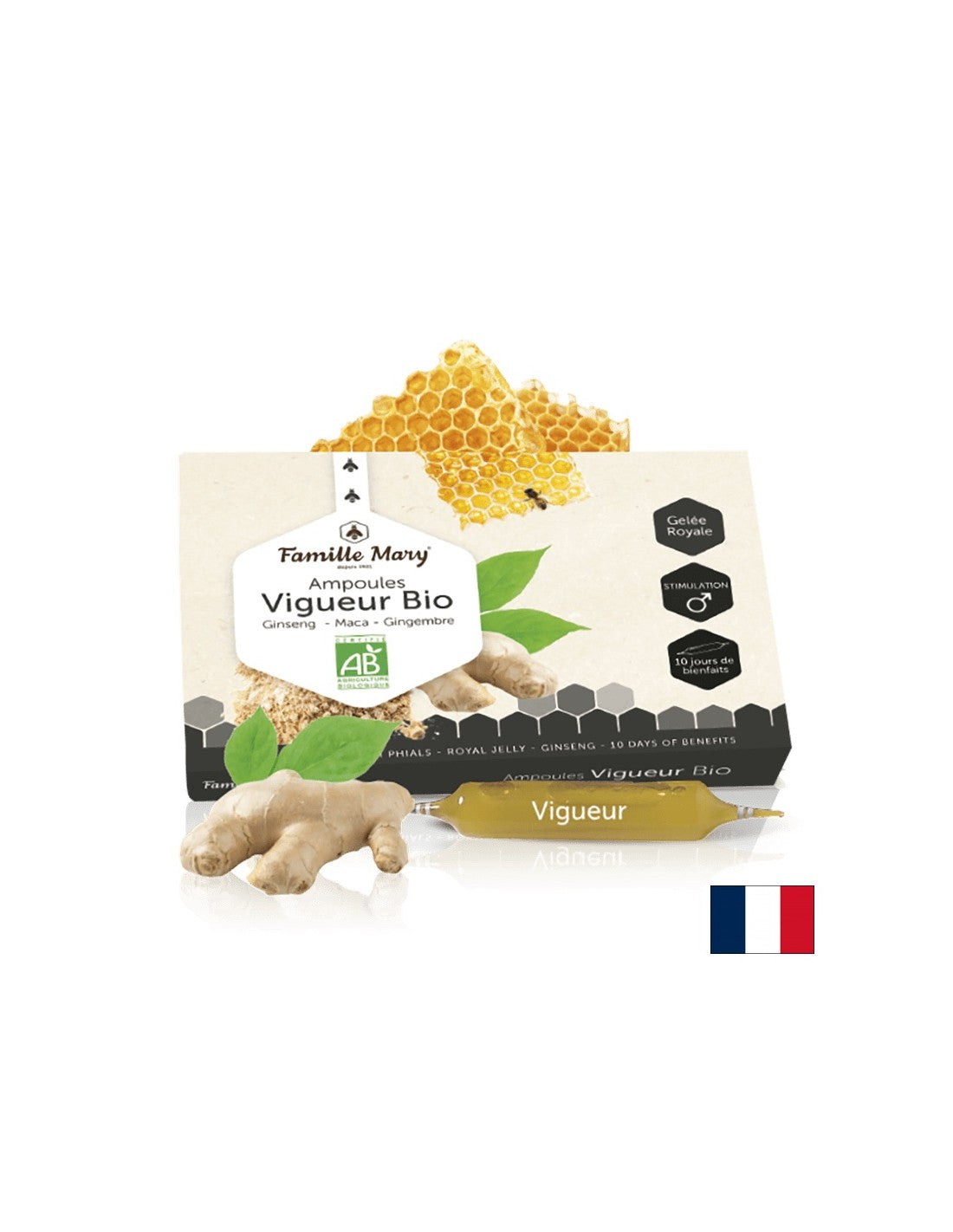 AMPOULES VIGUEUR BIO GINSENG, Maca, Gingembre + Gelée Royale/Formula για ζωτικότητα και αρσενική ισχύ, 10 αμπούλες Family Mary