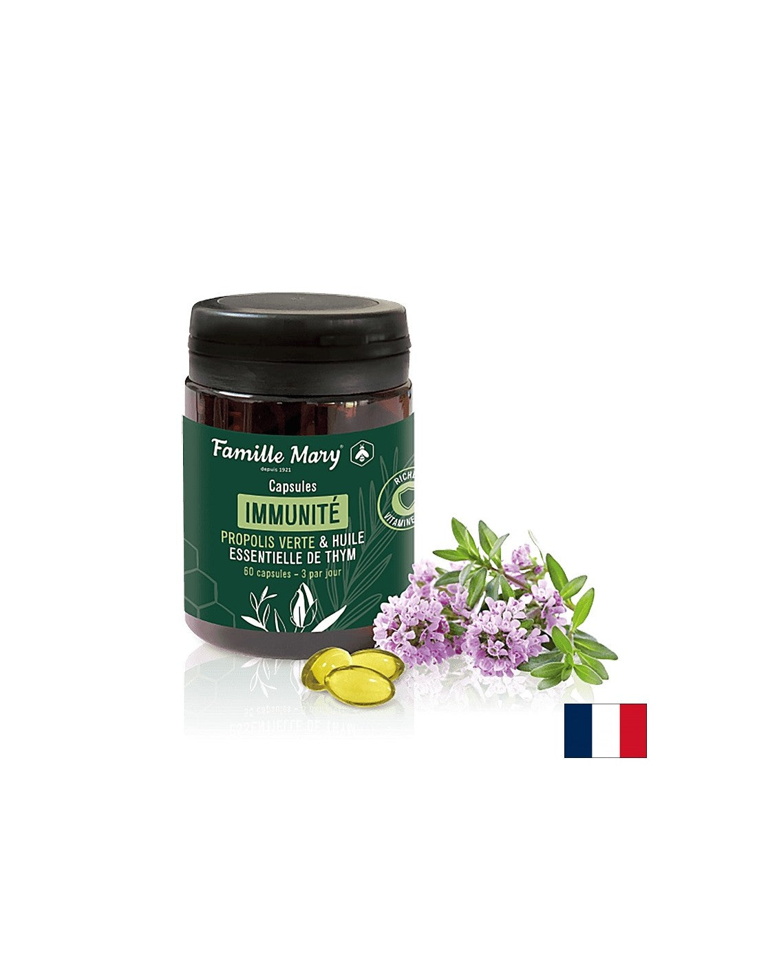 Immunité/Green Propolis + Thyme Oil and Vitamin D3, 60 Famille Mary Capsules