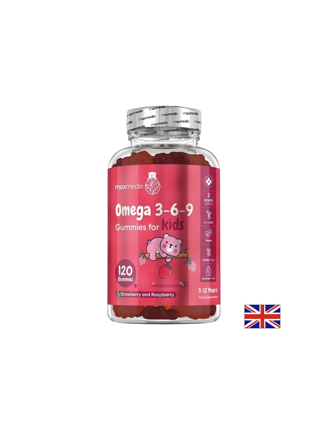 Λειτουργία ανοσίας και εγκεφάλου-Omega 3-6-9 για παιδιά, 120 δισκία ζελέ, φράουλα και γεύση βατόμουρου