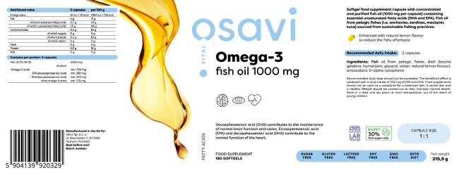 Ωμέγα 3 ιχθυέλαιο 1000 mg/γεύση λεμονιού - 180 κάψουλες πηκτής