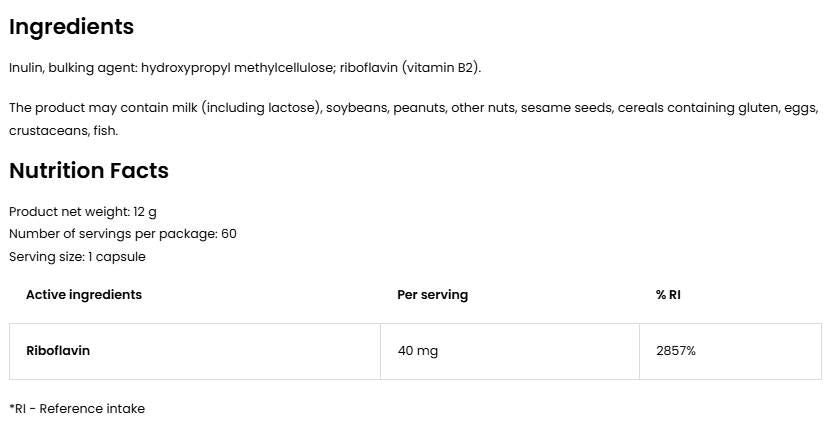 Βιταμίνη Β2 ριβοφλαβίνη 40 mg - 60 κάψουλες