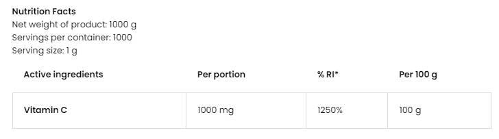 100% σκόνη βιταμίνης C - 1000 γραμμάρια