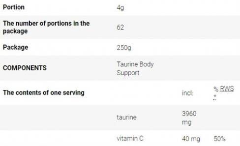 Υποστήριξη σώματος Taurine - 250 γραμμάρια