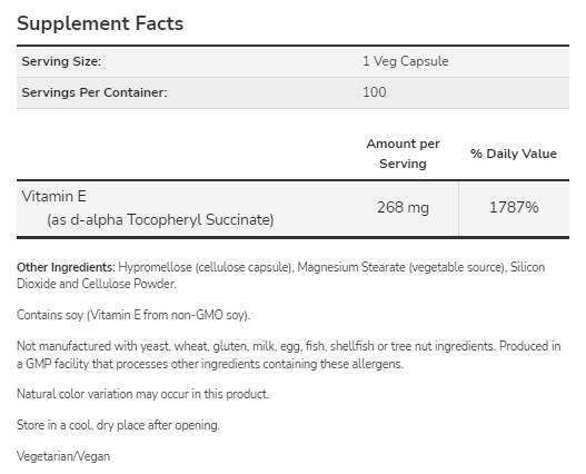 Βιταμίνη Ε-400 D-alpha tocopheryl | Χορτοφαγικό στεγνό - 100 κάψουλες
