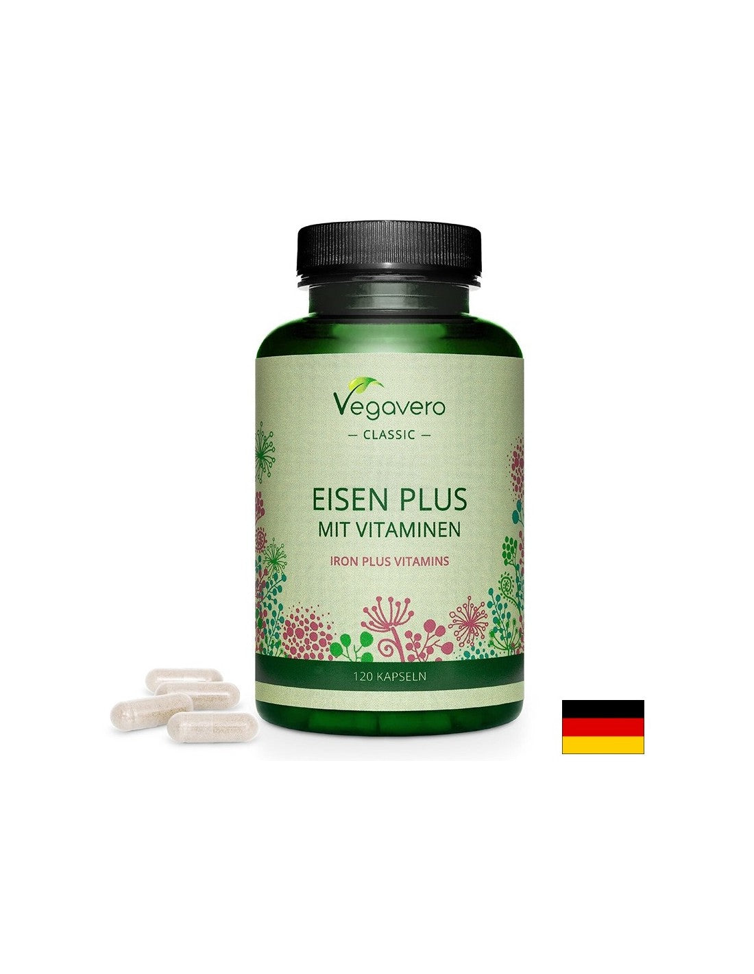Σίδηρος + Βιταμίνες (C, B2, B6, B12 και φολικό οξύ) - Eisen Plus Mit Vitaminen, 120 κάψουλες <tc>Vegavero</tc>